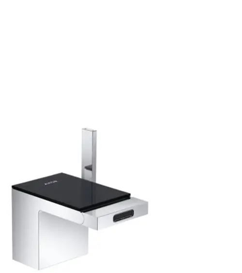 Einhebel-Bidetmischer mit einer schwarzen Glasfläche und chromfarbener Oberfläche, ausgestattet mit einer Push-Open Ablaufgarnitur. Design von AXOR.